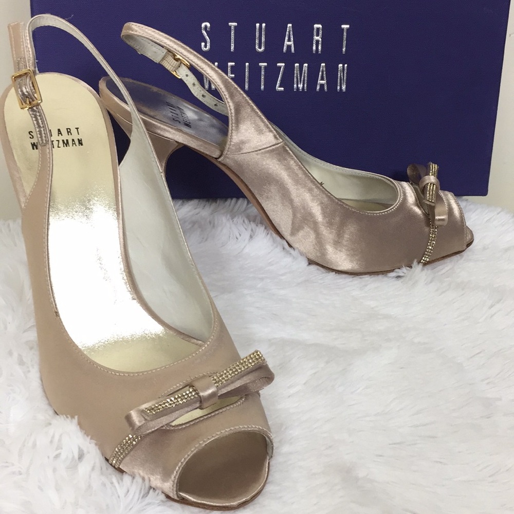 NEW STUART WEITZMAN Blonde Satin Bow Sling Back  4” Heels